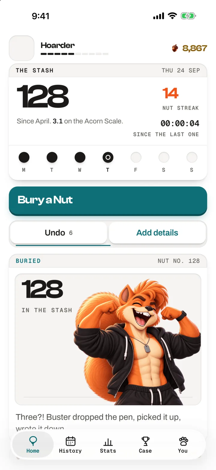 The Nut Tracker home screen with Buster: the Stash total, a Nut Streak, the time since the last one and the Bury a Nut key.
